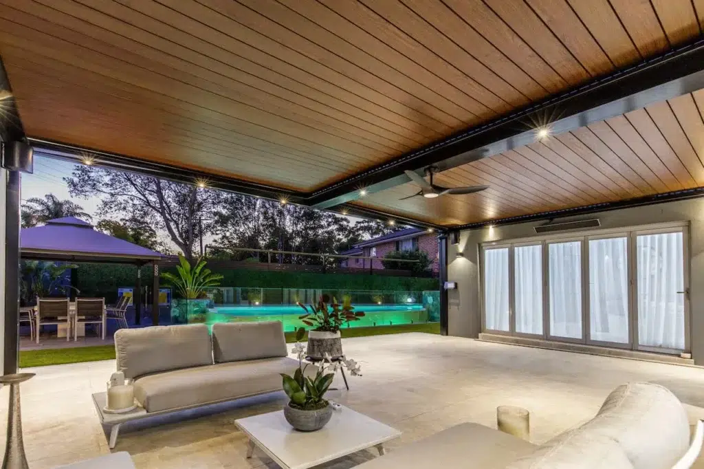 Night time photo of alfresco area in a suburban Dural backyard.
