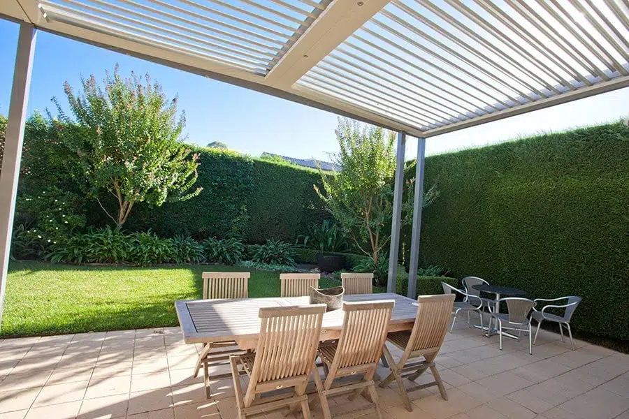 View of Willoughby backyard from underneath louvre roof.