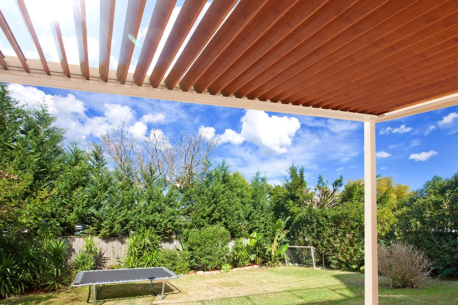 Milperra pergola with open roof louvres.