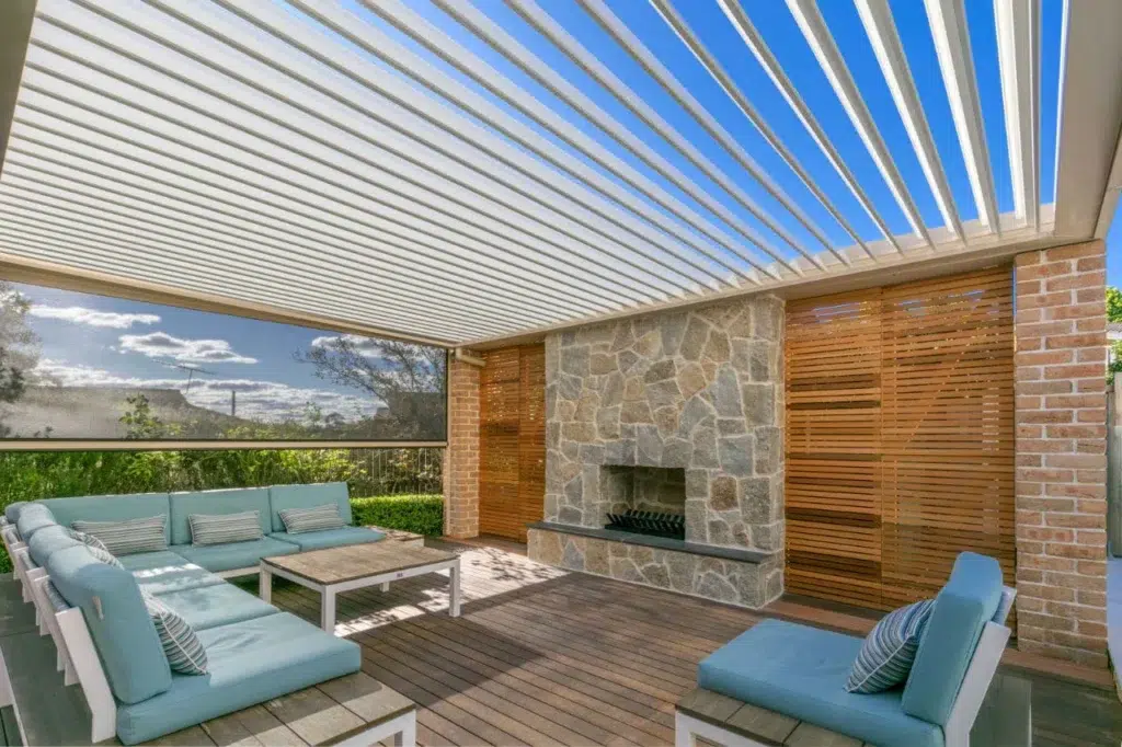 Aluminium roof louvres in open position on the Killarney Heights pergola.