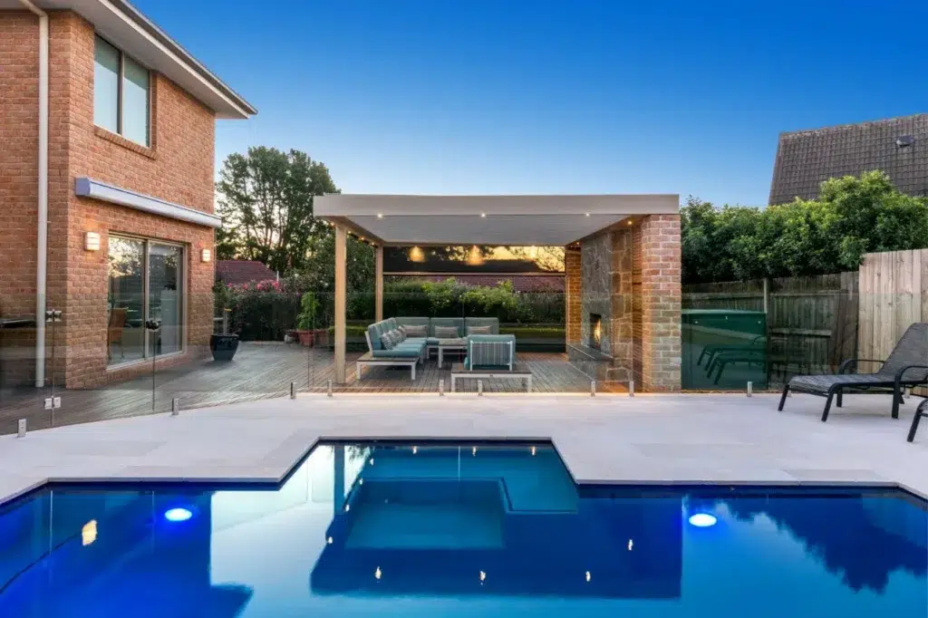 Luxury Killarney Heights pergola and deck from across the pool area.