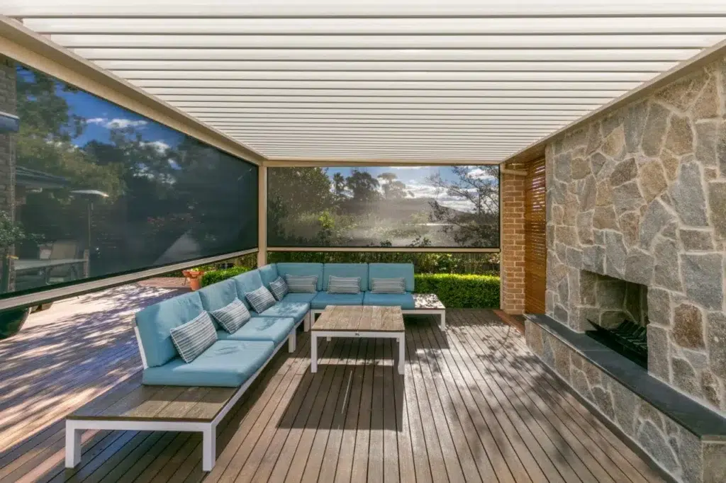 Outdoor UV blinds in the closed position on the Killarney Heights pergola.