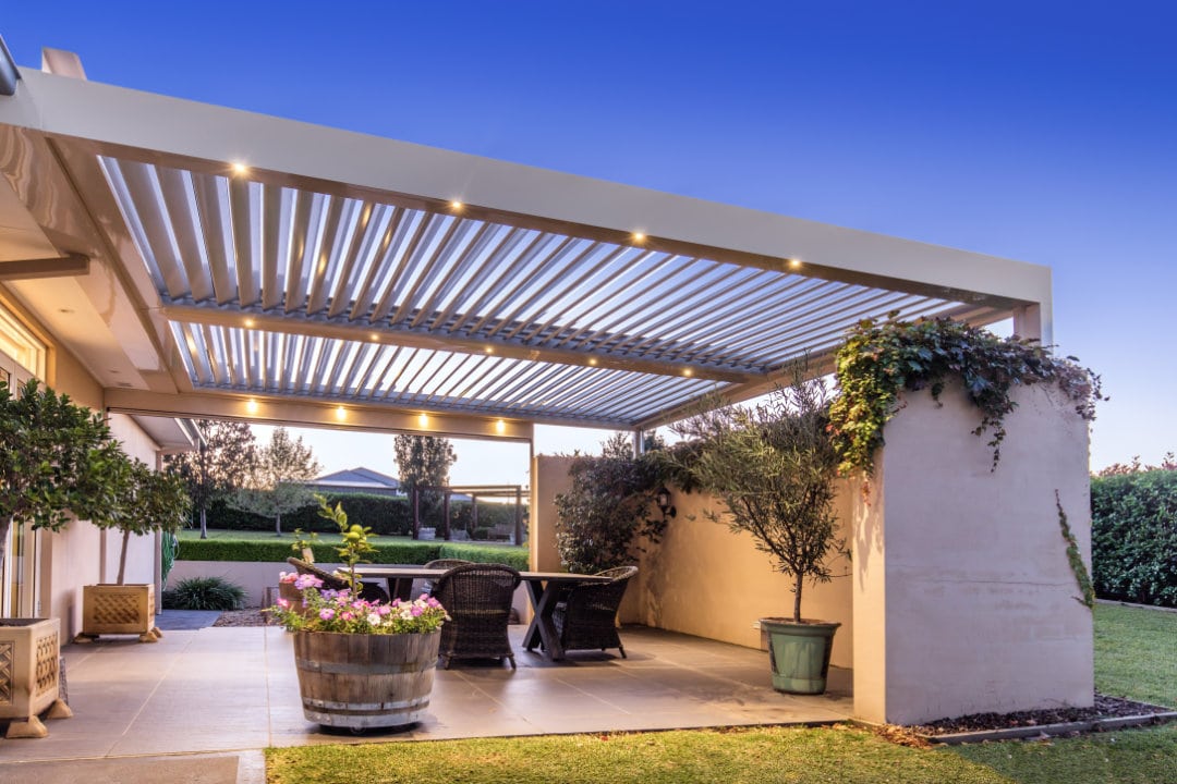 Wilton pergola design with opening roof louvres and integrated LED down lights.