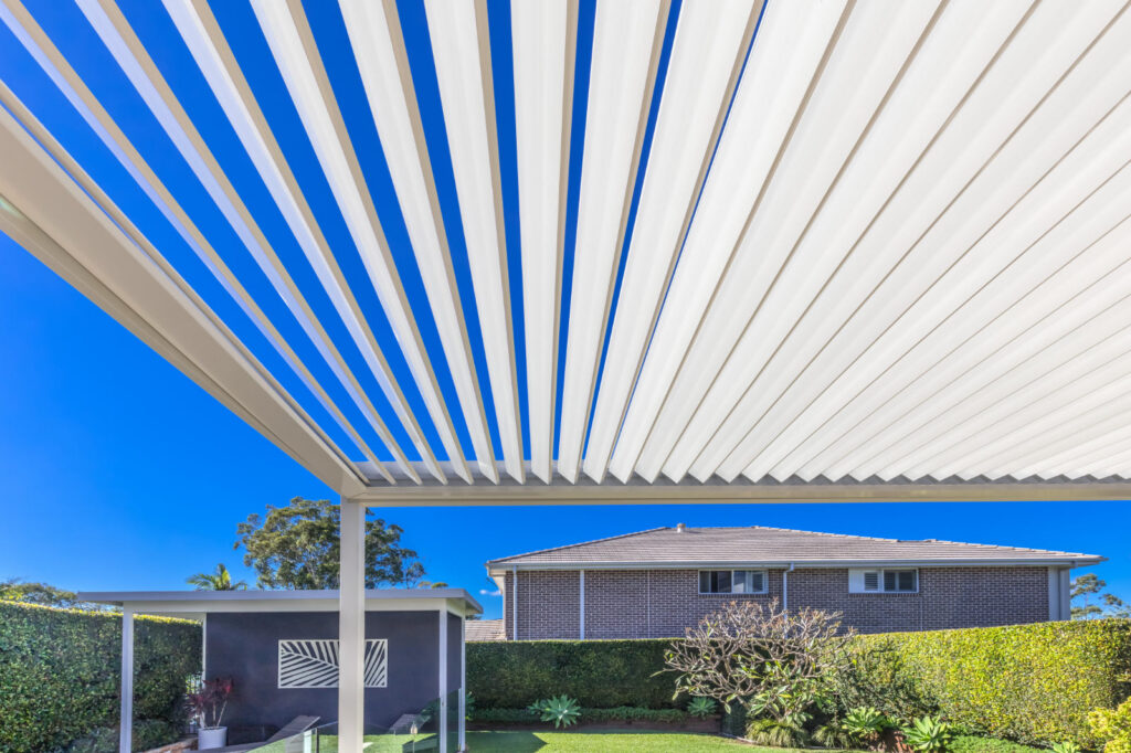 Close up of aluminium roof louvres on Gymea pergola