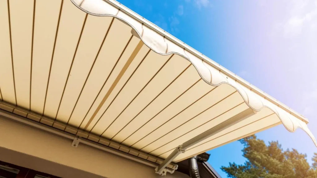 Creme coloured canvas awning, mounted with retractable brakcets.