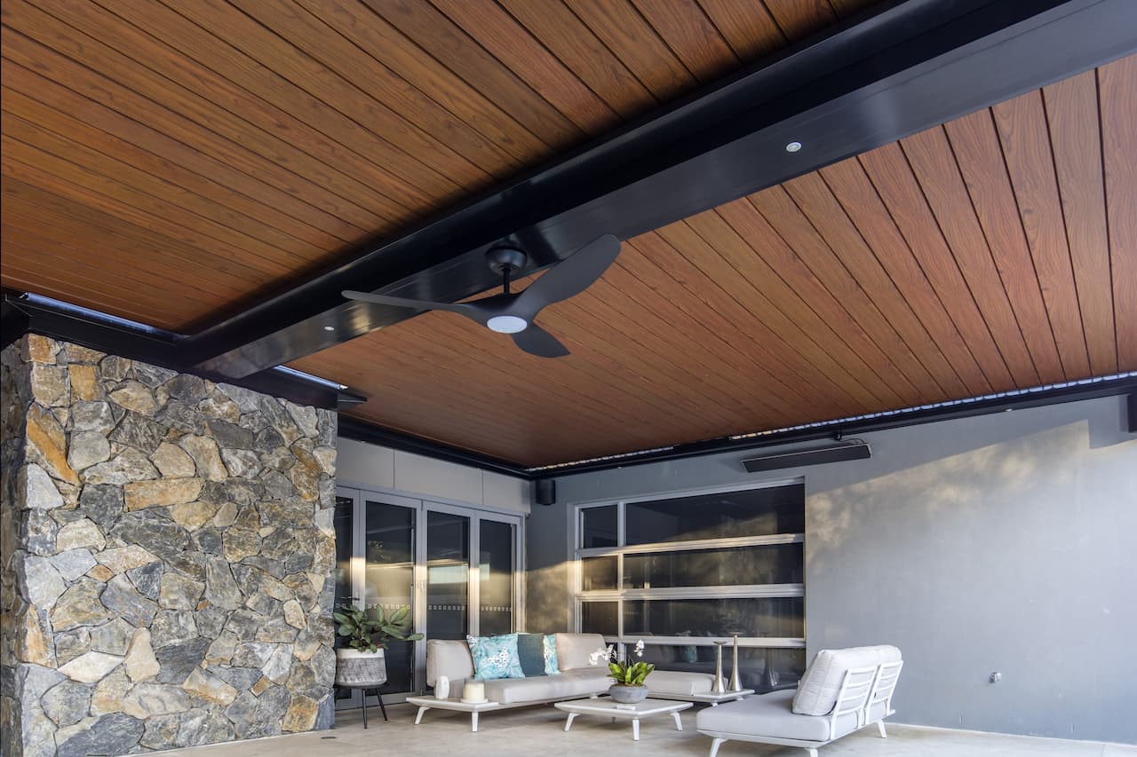 Dural alfresco roof with ceiling fan and LED down lights.
