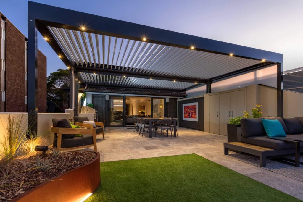 Abbotsford pergola with green grass.