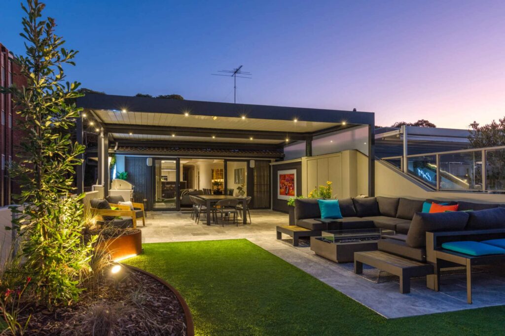 Abbotsford pergola by dusk with purple night sky.