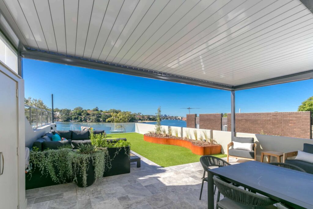 Closed roof louvres on the Abbotsford pergola.