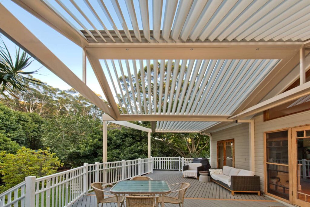 Austinmer pergola with gable roof design and open louvres.