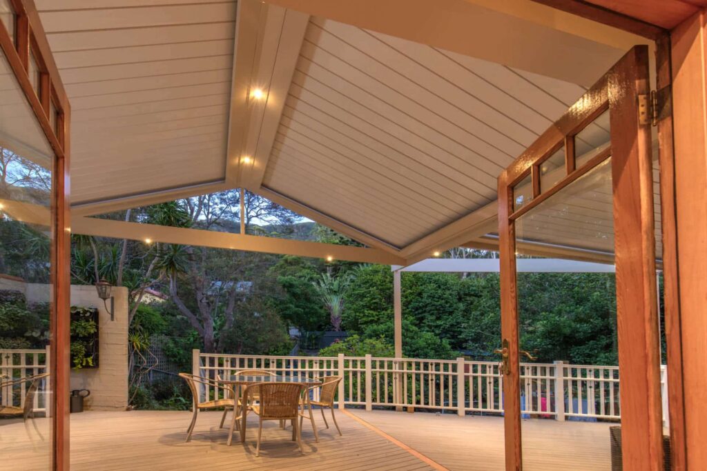 Austinmer pergola looking out into the scenic backyard.