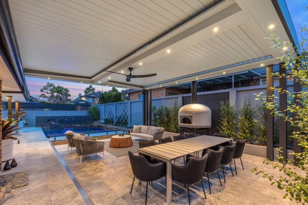 Closed roof louvres on Bella Vista pergola.