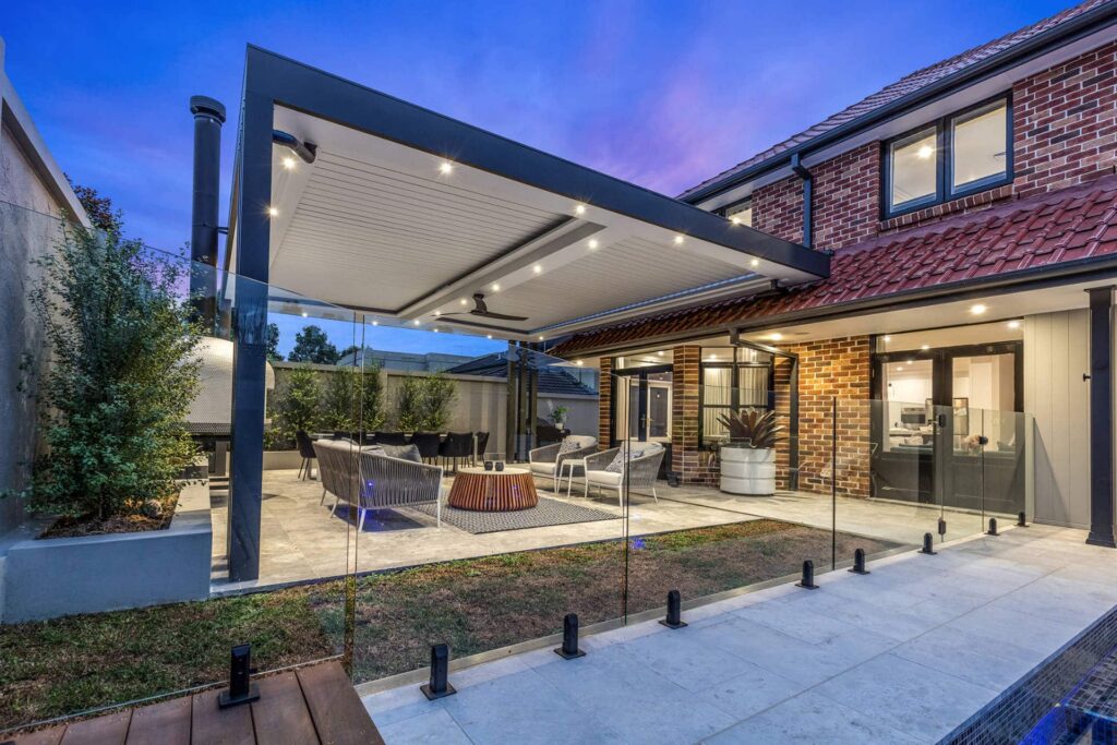 Bella Vista pergola at night time with lights on.