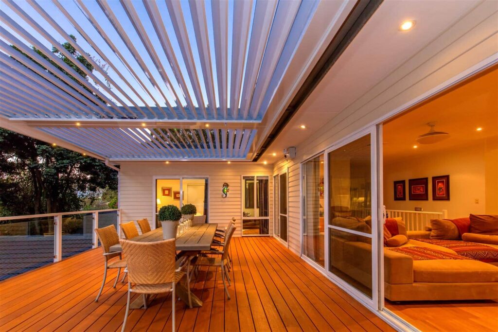 Bayview pergola with LED lights on.