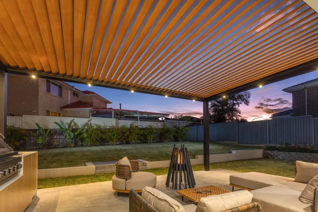 Close up on woodgrain louvres on Kellyville pergola.