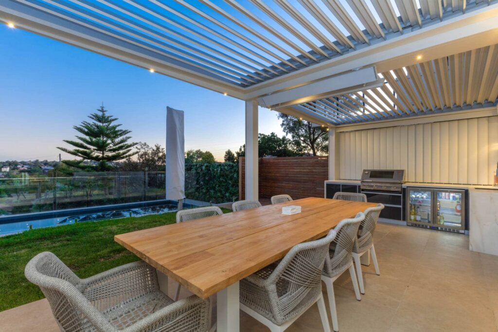 Manly Vale pergola white louvres by dusk.