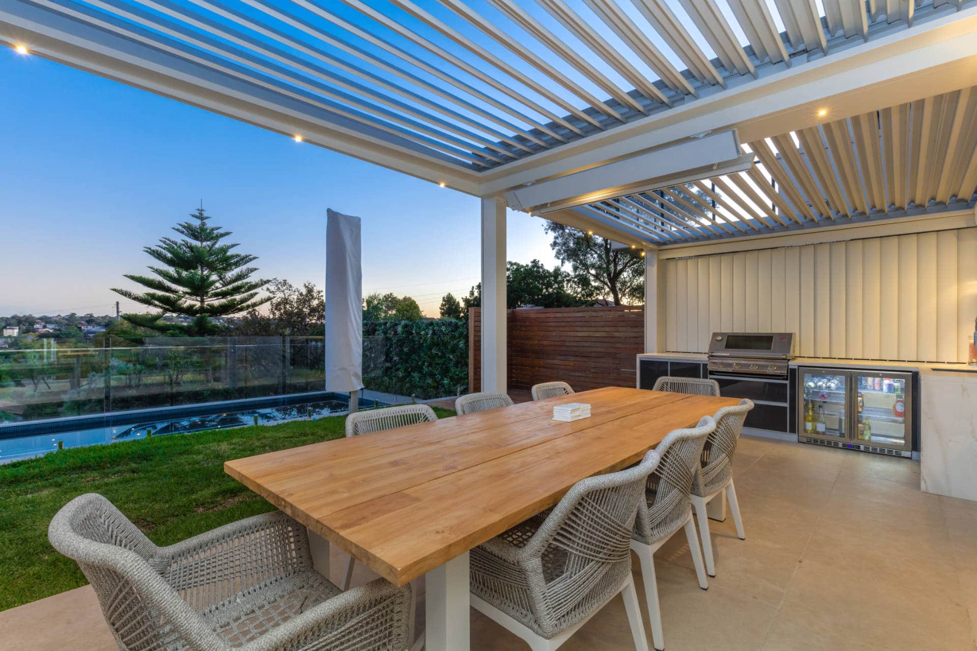 Manly Vale pergola white louvres by dusk.