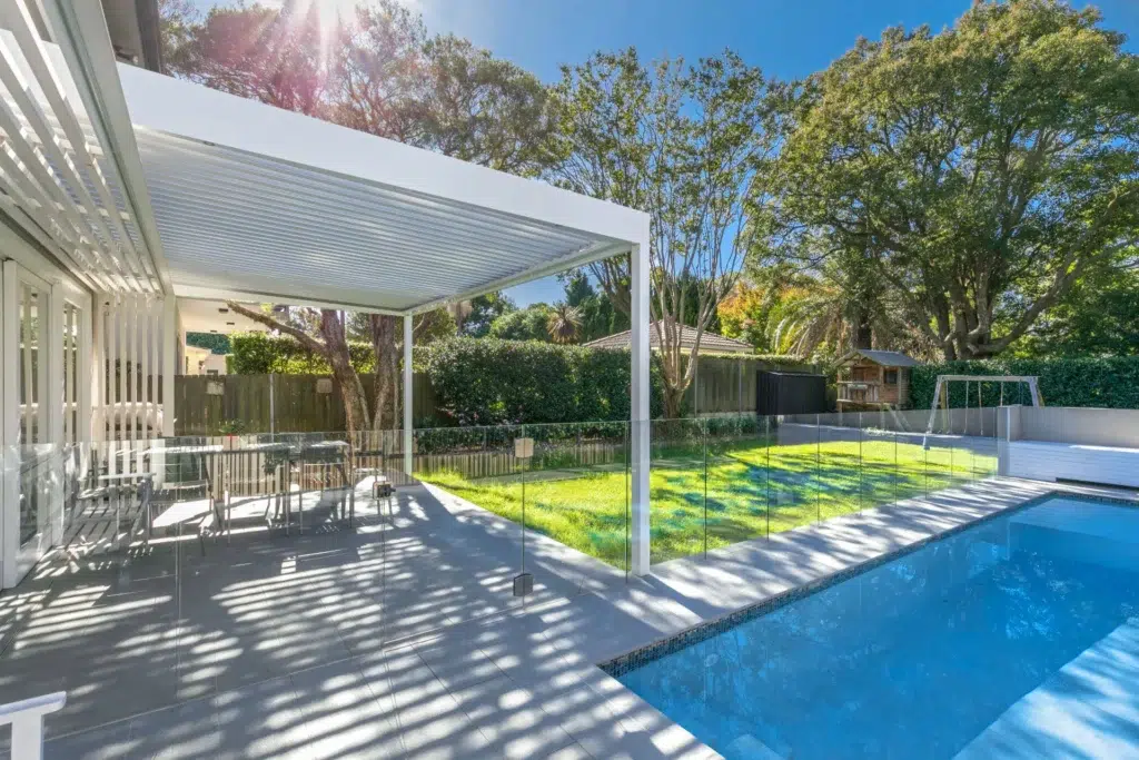 Side shot of the Riverview pergola and pool area.