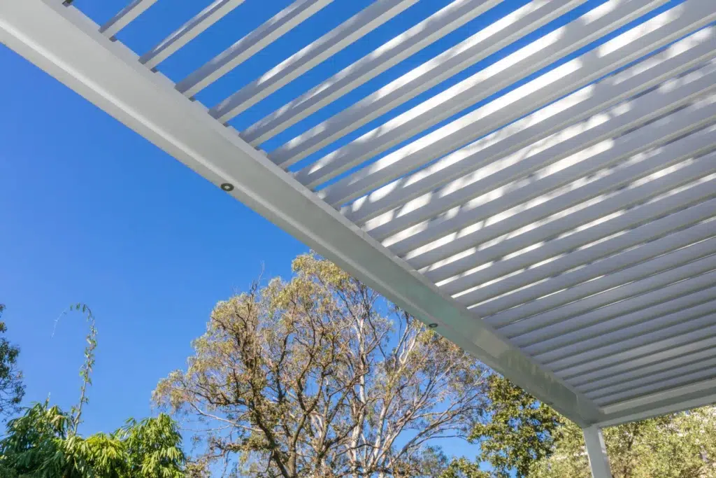 Close up of Riverview pergola open roof louvres.