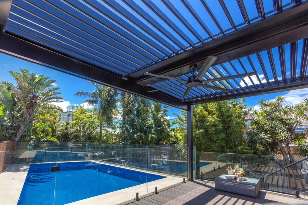Sandringham pergola with open roof louvres.