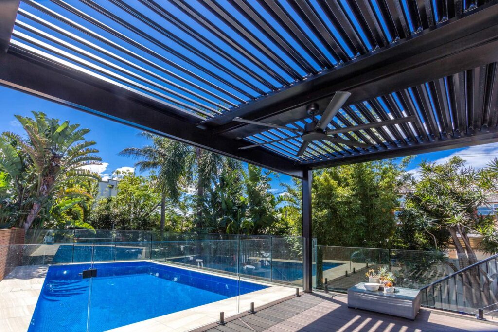 Sandringham pergola with ceiling fan in operation.