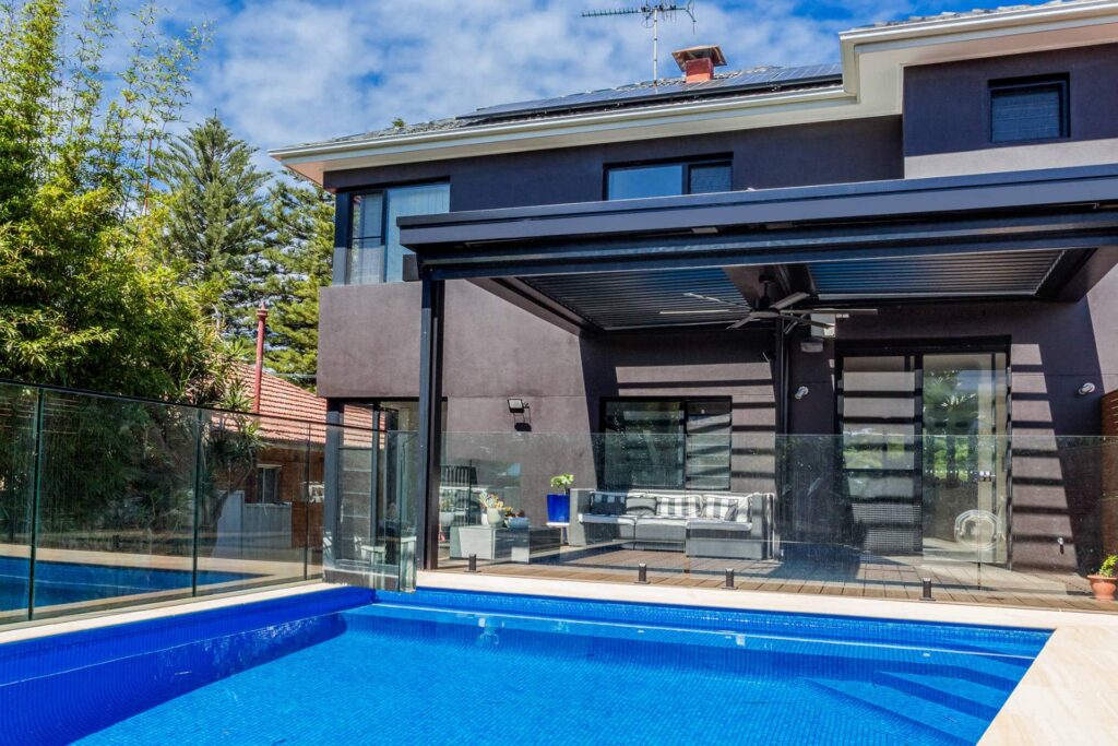 Shot from across the pool of Sandringham pergola.