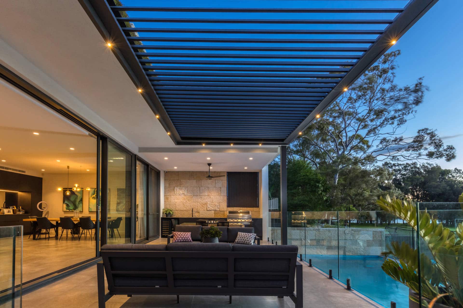 Grey roof louvres with down lights on Tennyson Point pergola.