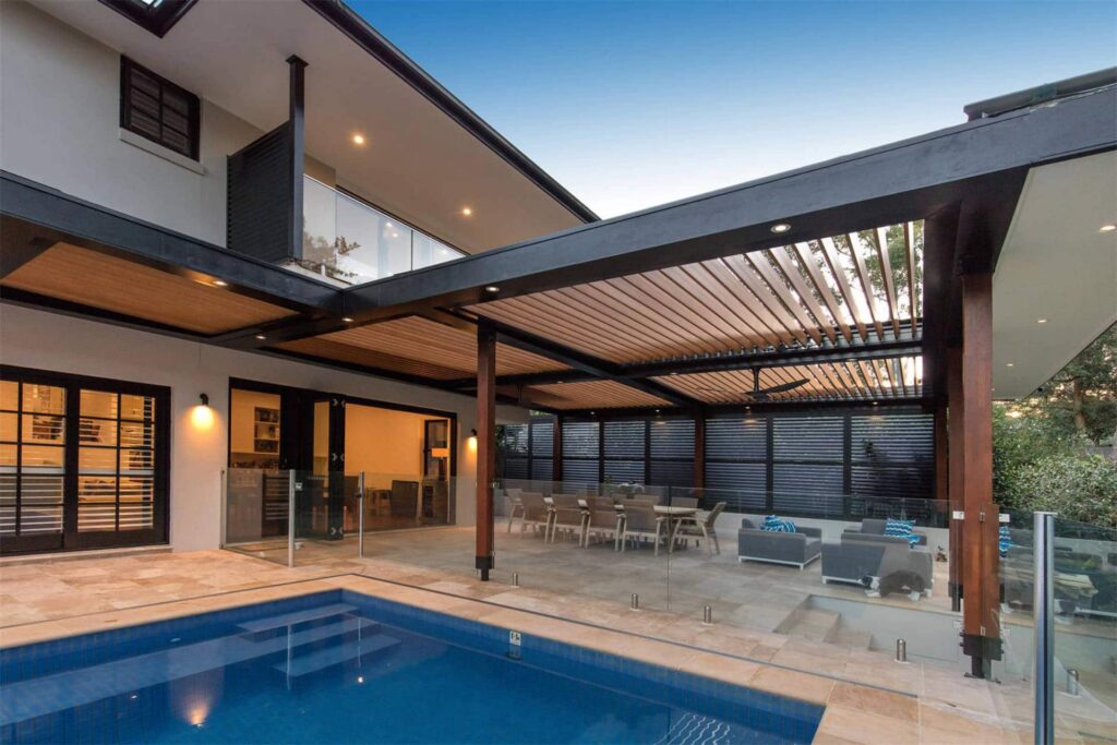 Turramurra pergola from across the pool area.