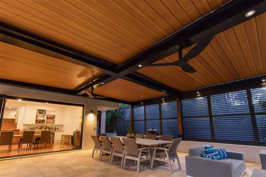 Closed roof louvres on Turramurra pergola.