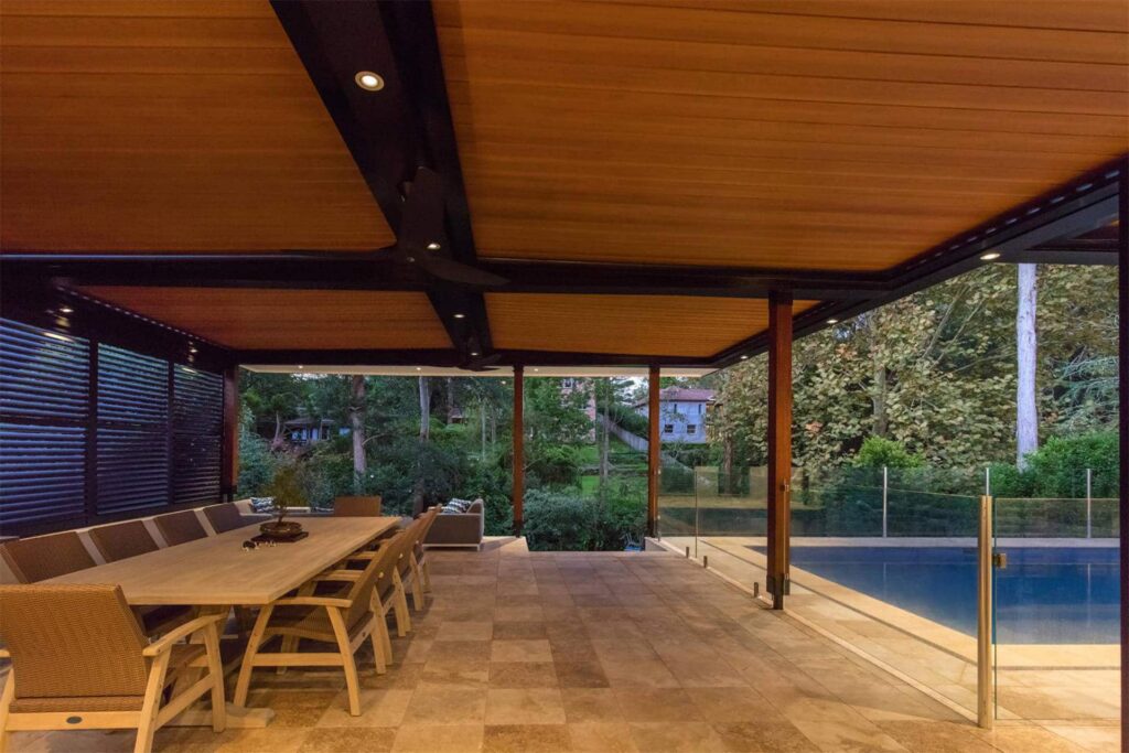 LED down lights on Turramurra pergola.