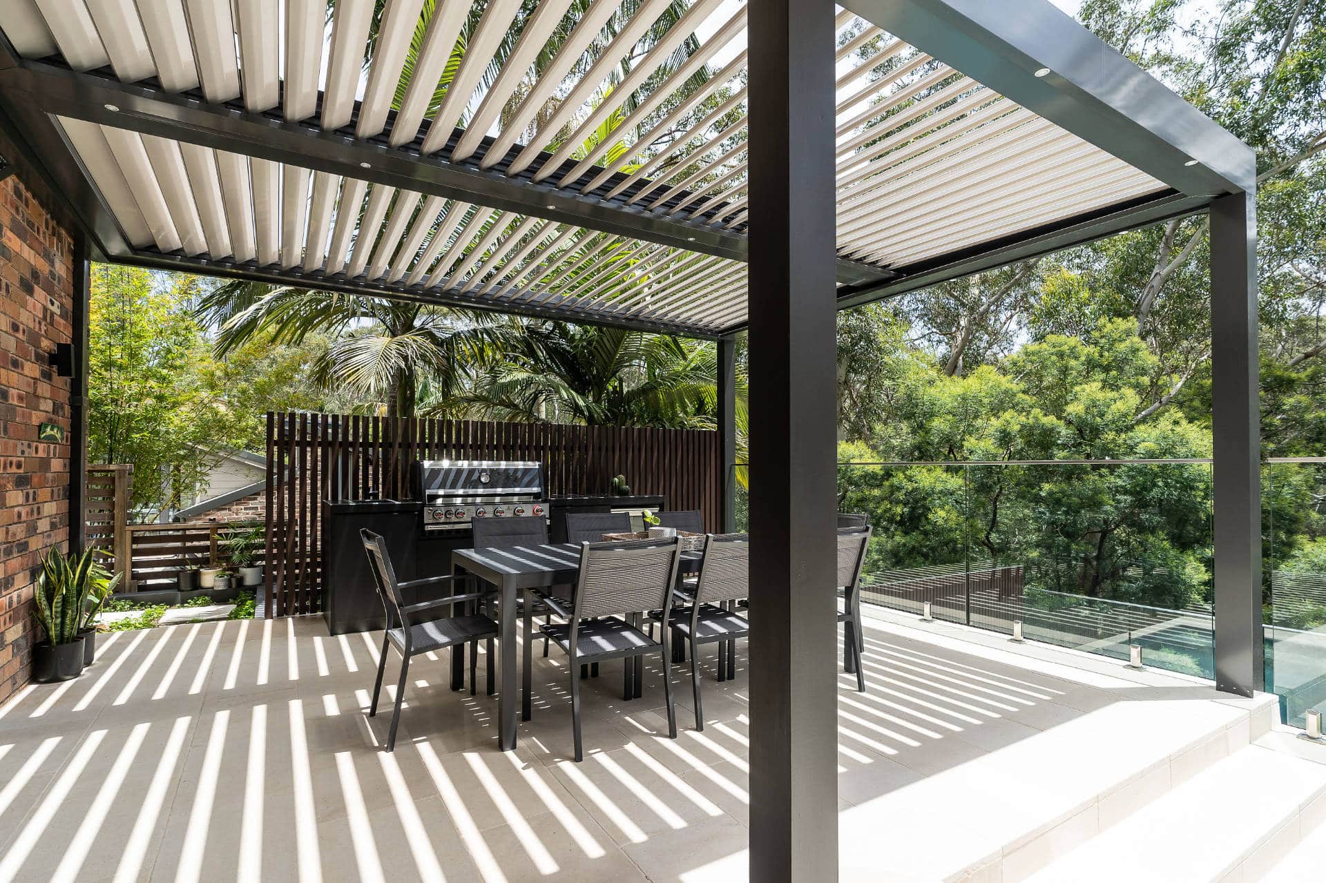 West Pymble pergola with open roof louvres.