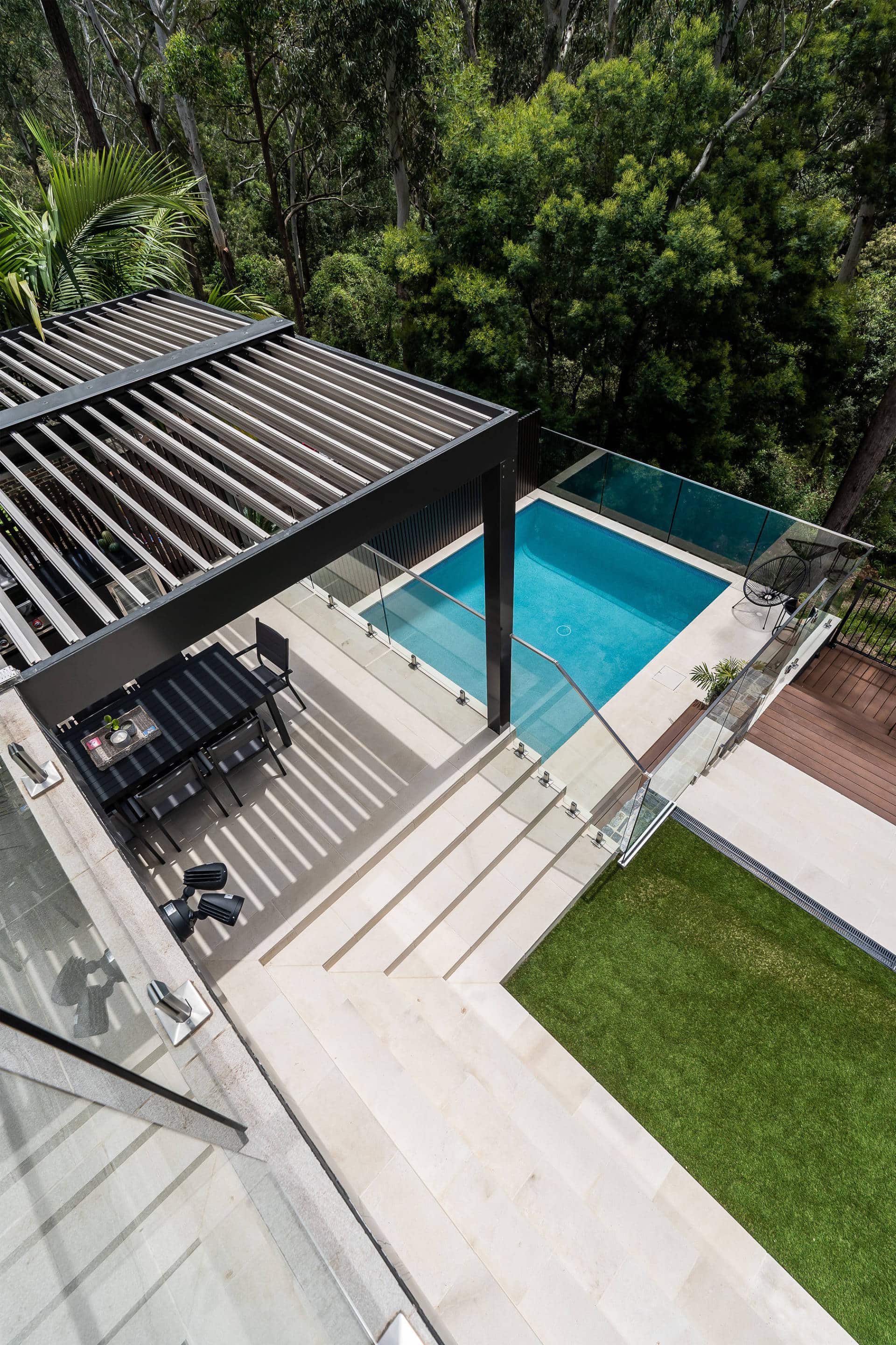 High view of West Pymble pergola open roof louvres.