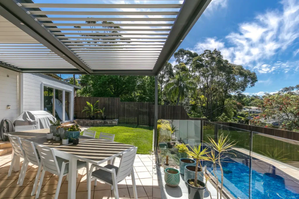 Opened louvres on Frenchs Forest pergola during the day.