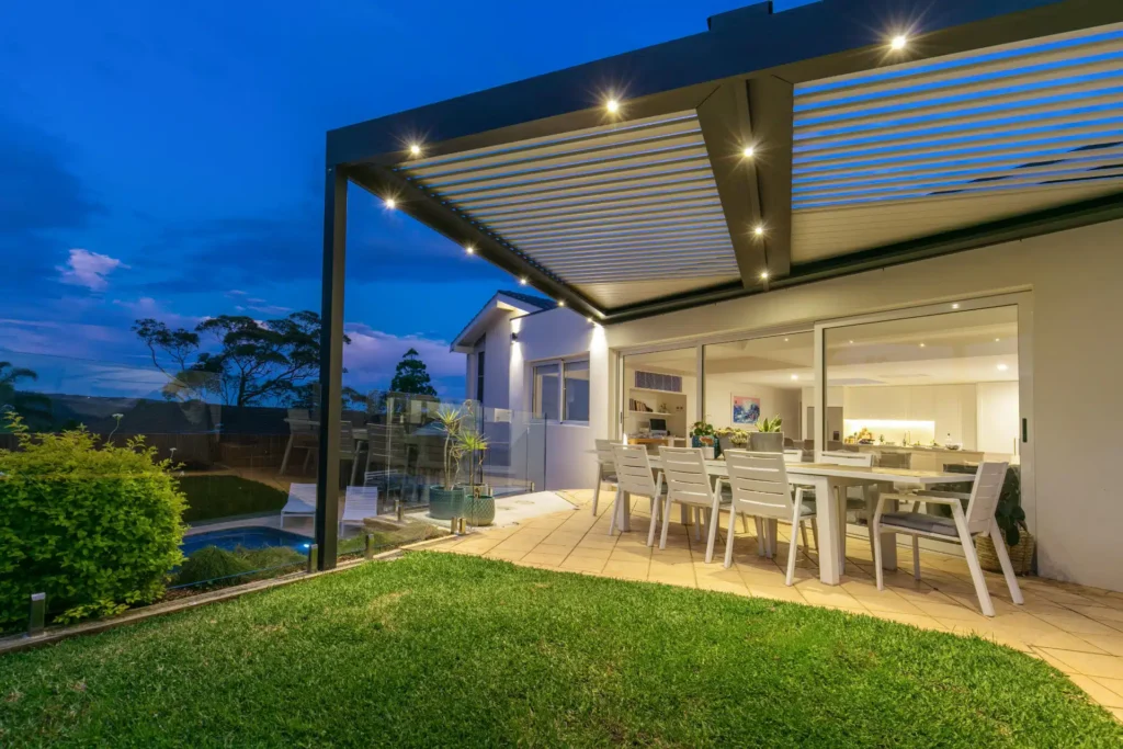 Led Lights on Frenchs Forest pergola at dusk.