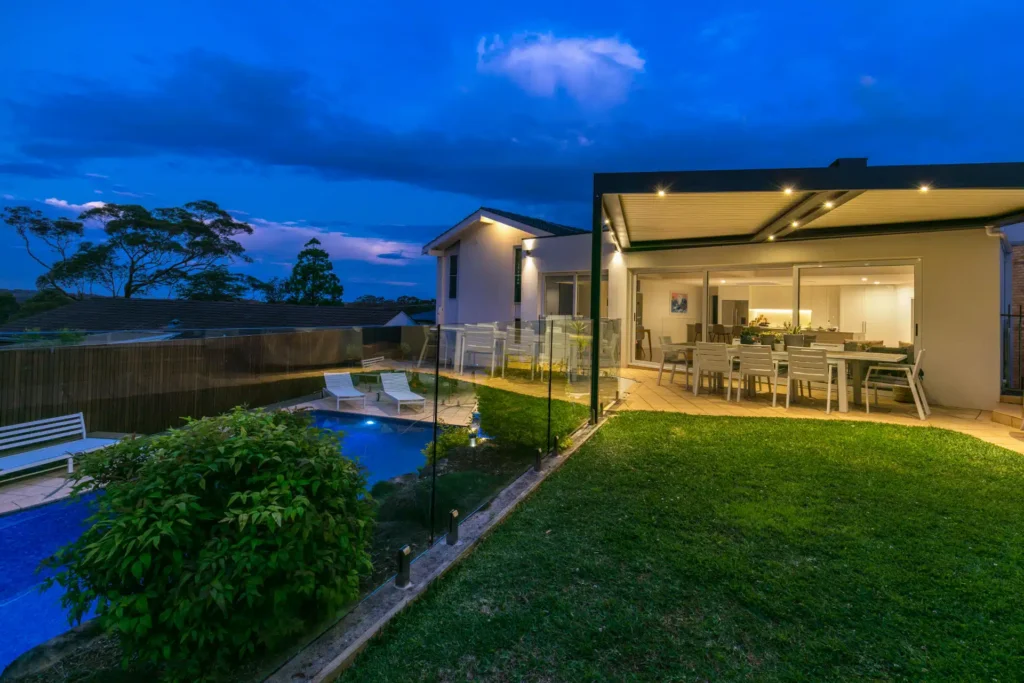 Led Lights on Frenchs Forest pergola at night.