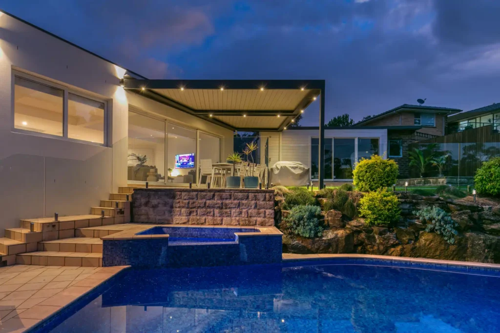 Closed louvres on Frenchs Forest pergola by the pool.