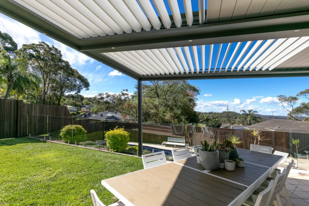 Opened louvres on Frenchs Forest pergola during the day.