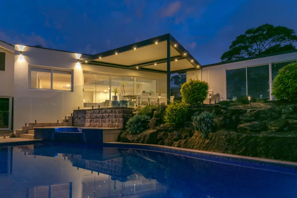 Led Lights on Frenchs Forest pergola at night.