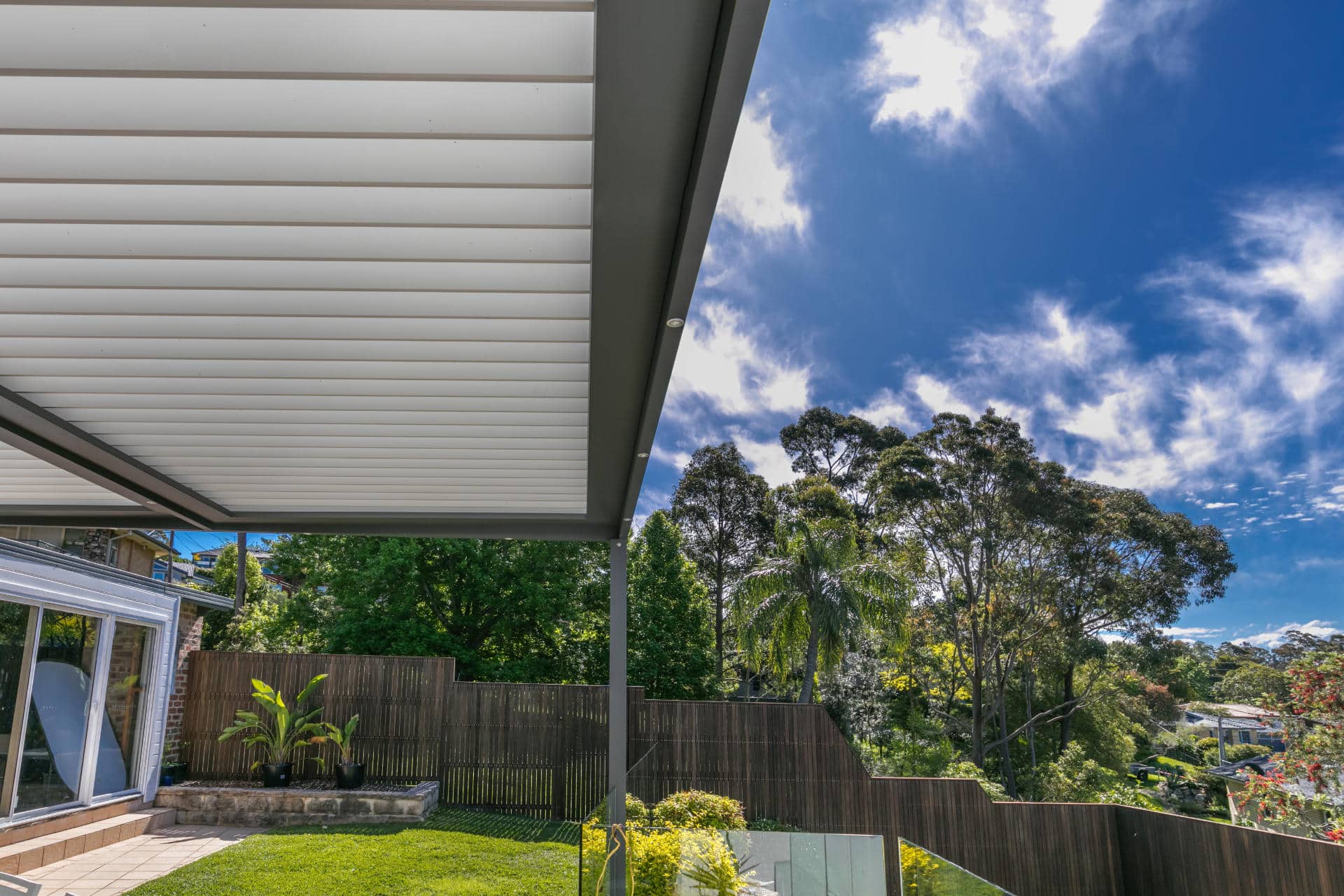 Close up of louvres on Frenchs Forest pergola during the day.