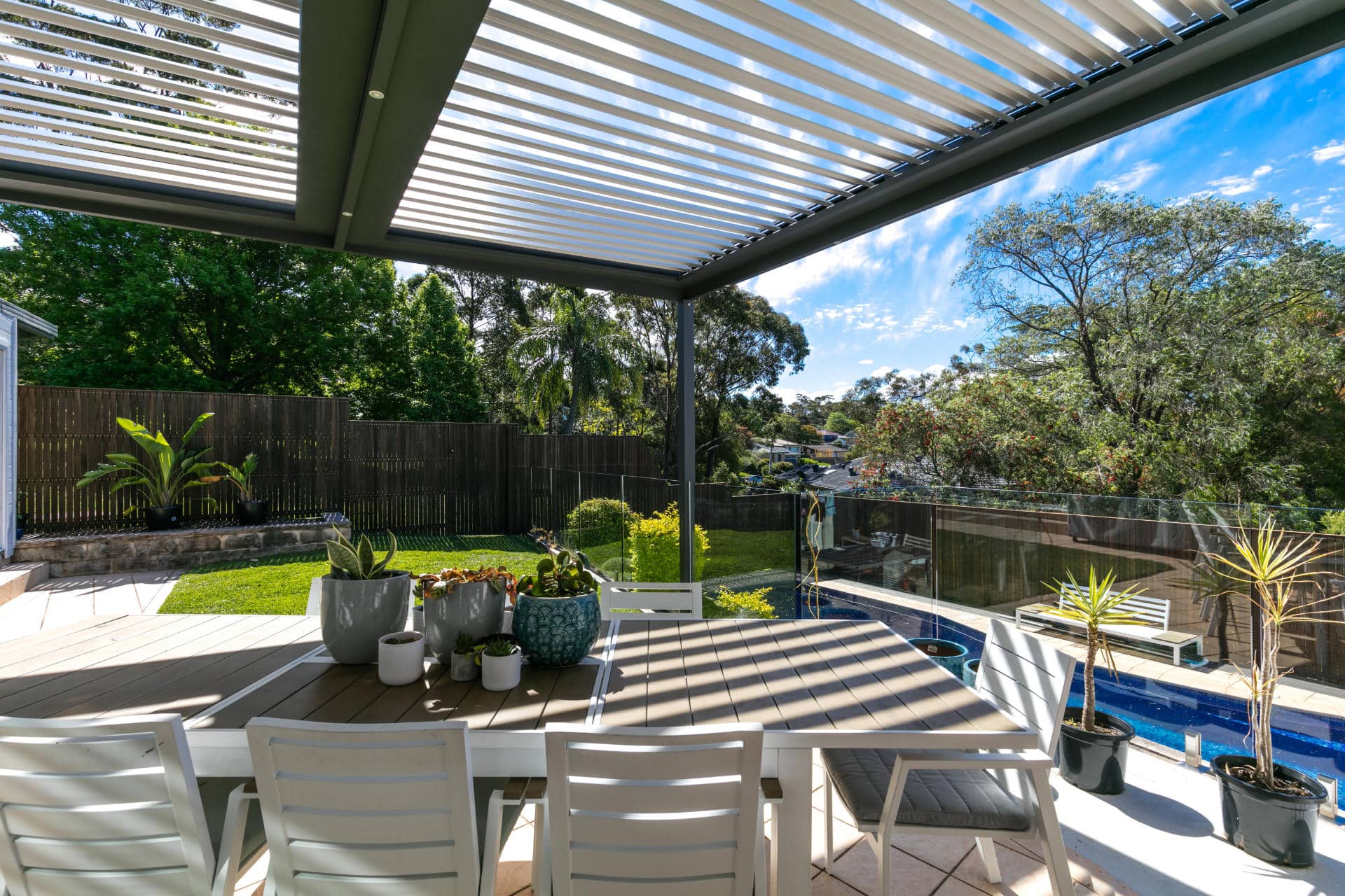 Opened louvres on Frenchs Forest pergola during the day.