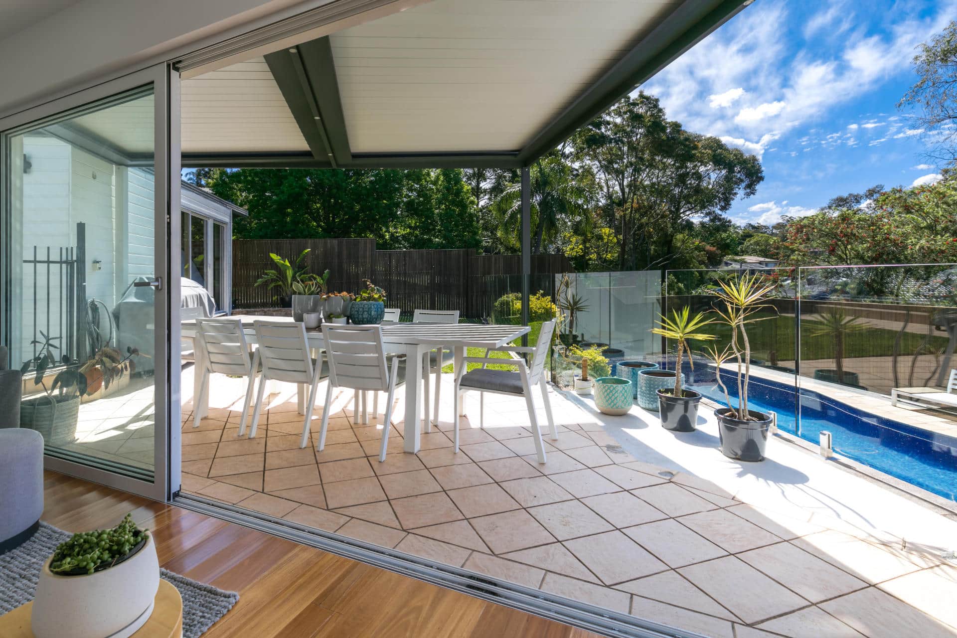 Closed louvres on Frenchs Forest pergola during the day.