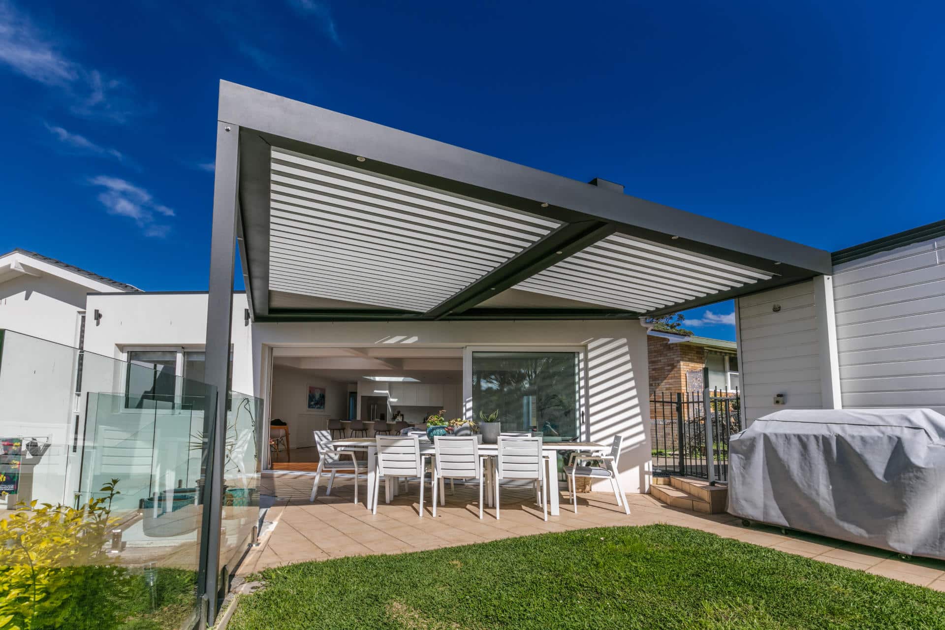 Opened louvres on Frenchs Forest pergola.