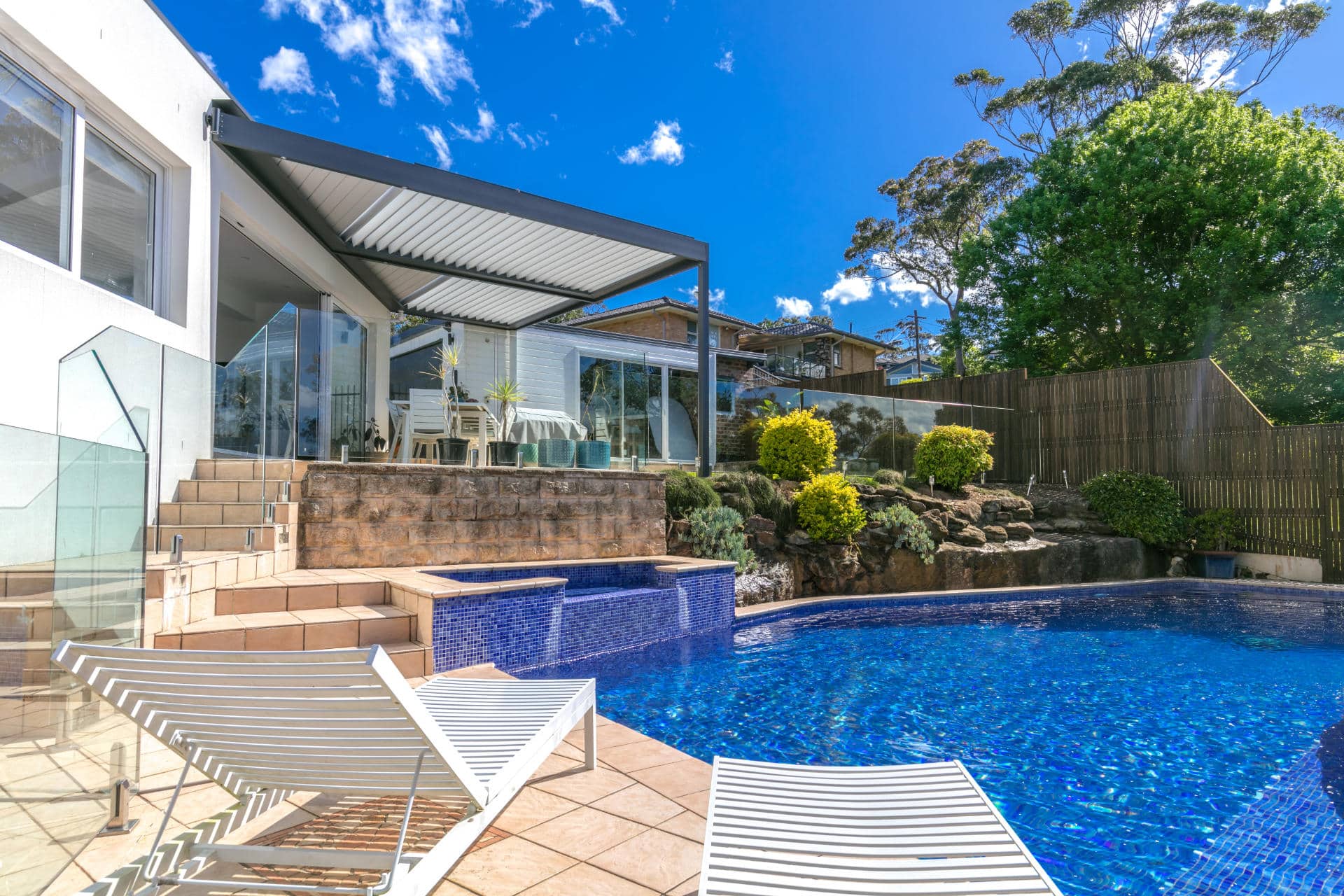 Unique shaped pergola at stunning Frenchs Forest home.