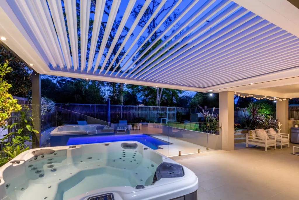 Opened louvres on Lane Cove pergola at dusk.