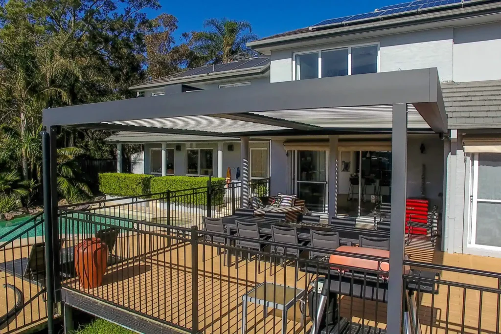 Beacon Hill home with a new opening roof pergola grey frame