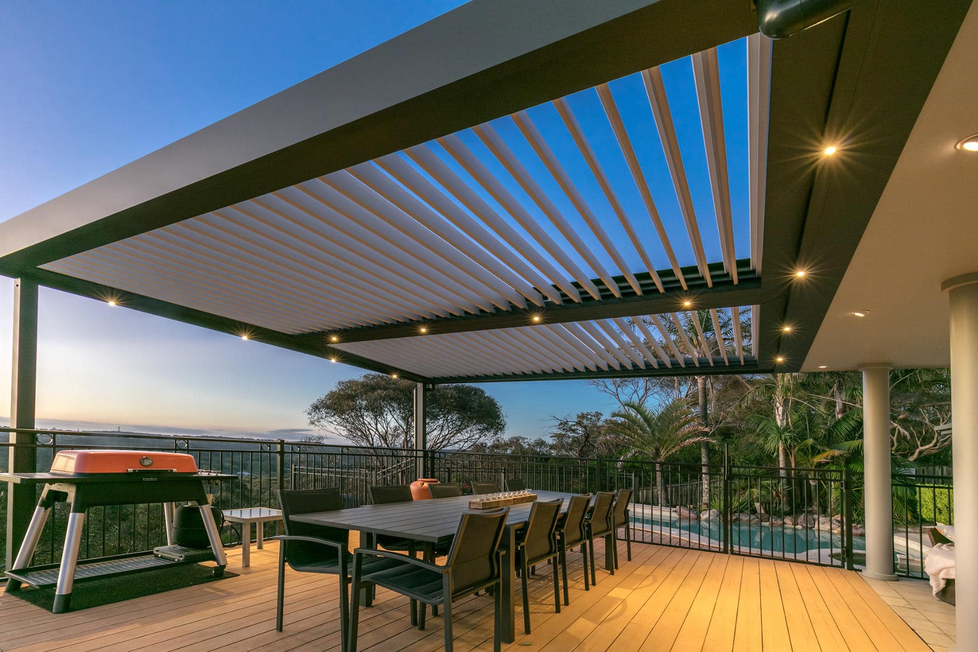 A Beacon Hill home with a new opening roof pergola showcasing its LED lights