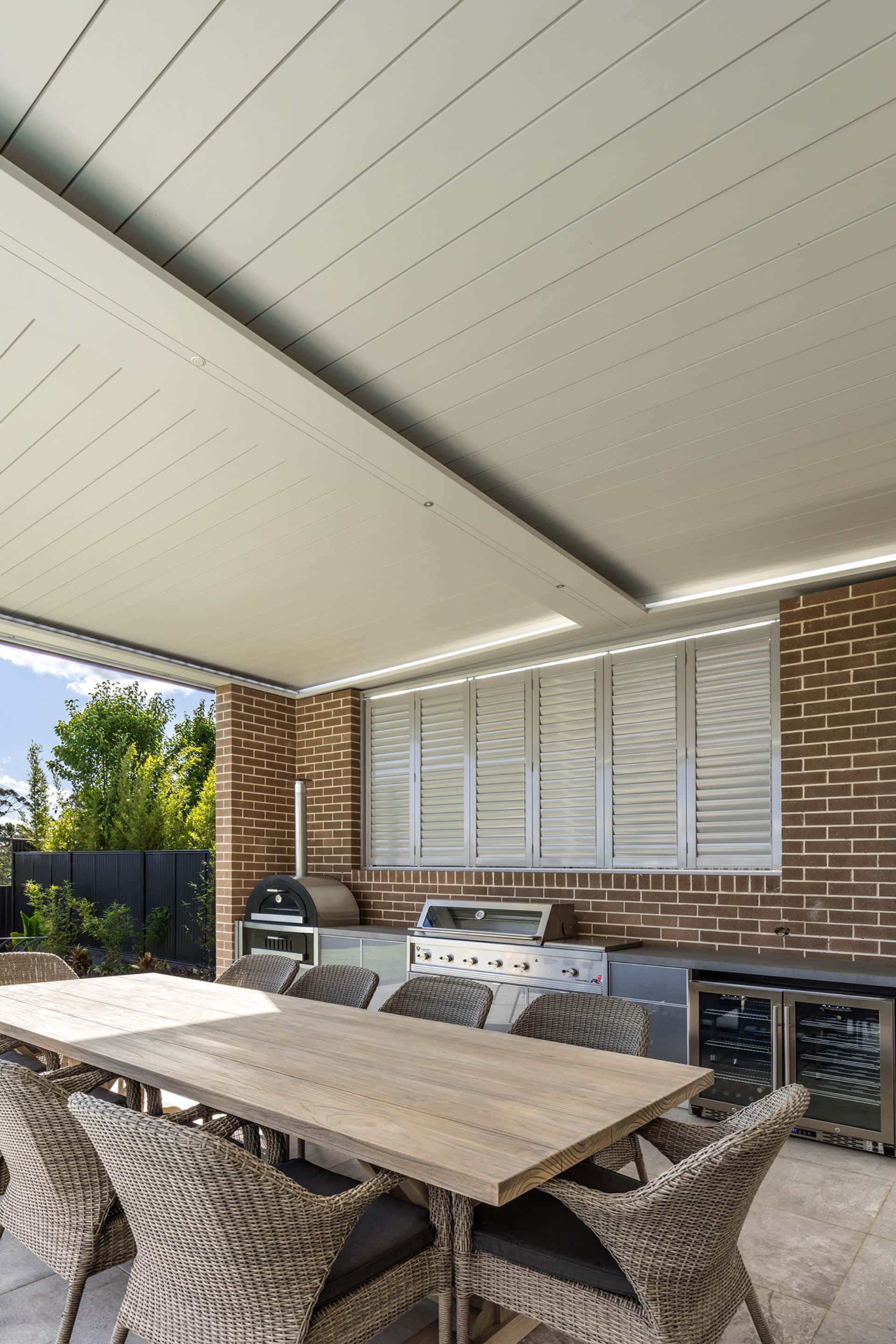 An up close photo of closed louvres on a newly installed opening roof pergola of a North Kellyville home