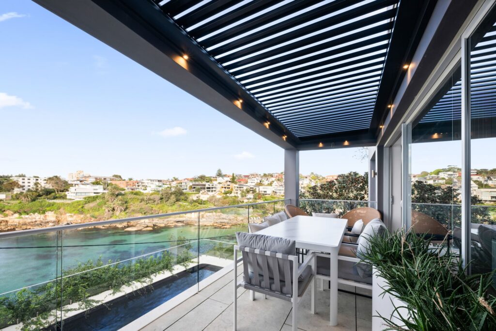 Clovelly balcony louvre roof in Zeus Grey.
