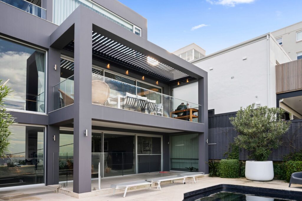 Clovelly balcony louvre roof from the ground floor.
