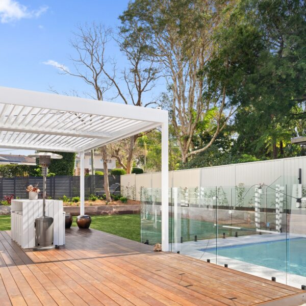 Pearl White Louvre Roof Over St Ives Poolside Decking
